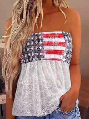 NWOT White Bandeau Lace Stitching National Flag Vest